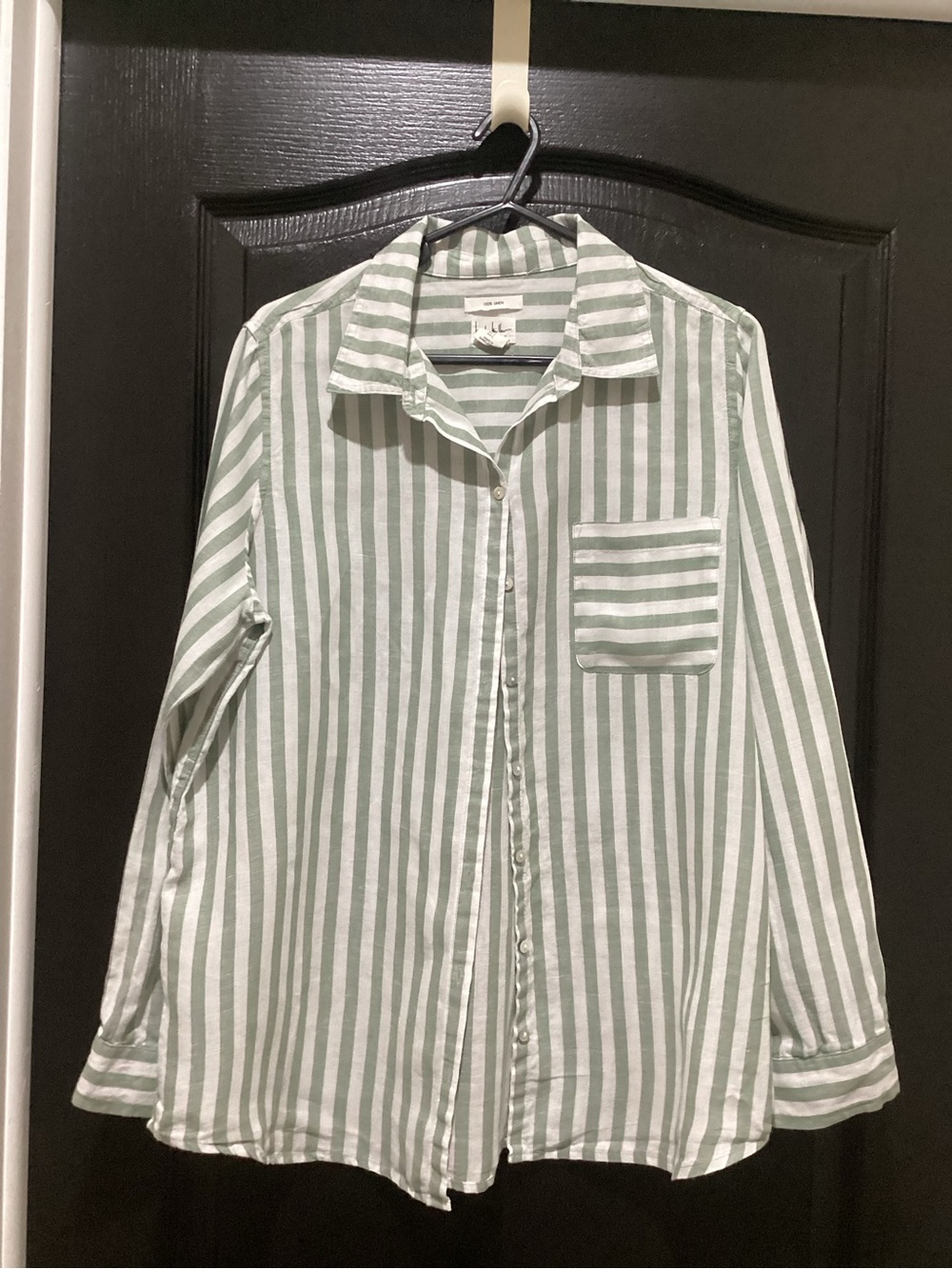 Nicole Miller 100% Linen  Green and White Striped Button-Up Shirt